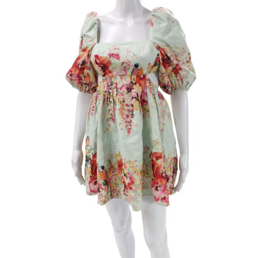Zimmermann Women Fit & Flare Sundress Green Linen Square Neck Tie Size 0P